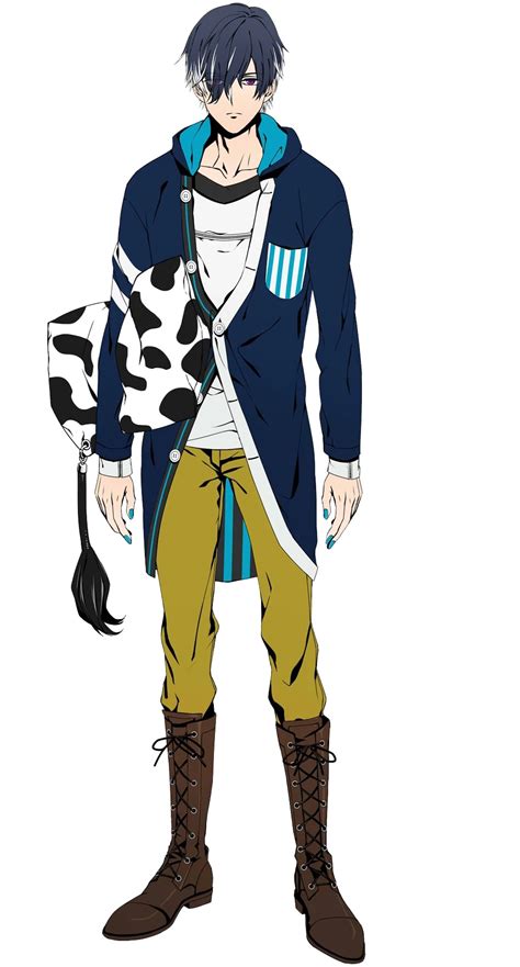 an anime character with blue hair and brown pants