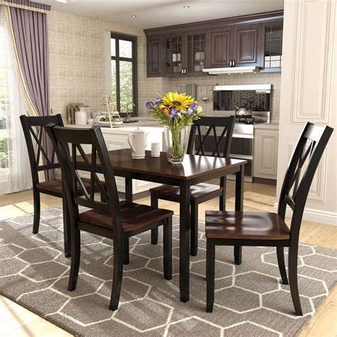 Kitchen Table and 4 Chairs Set, Wood Dinette Set Solid Acacia Wood ...