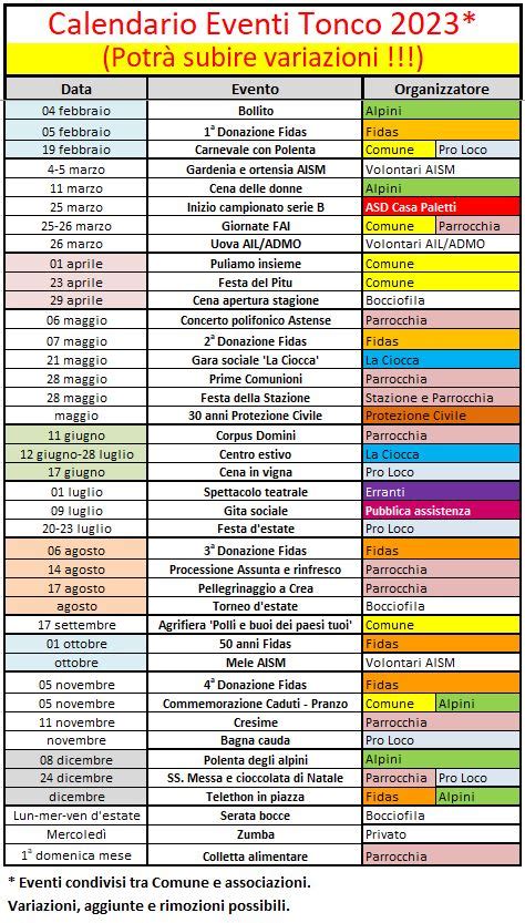 Calendario eventi 2023 - Comune di Tonco