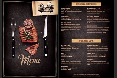 a restaurant menu with an image of steak on it and knife, fork and spoon