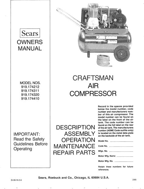 Craftsman 919174212 User Manual AIR COMPRESSOR Manuals And Guides L0810281