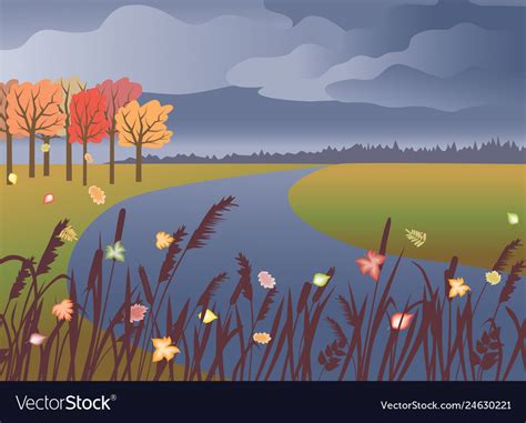 Autumn landscape of cloudy day over river side Vector Image