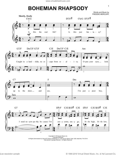 Bohemian Rhapsody, (easy) sheet music for piano solo (PDF) | Easy sheet ...