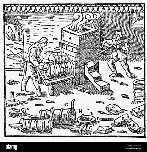 industry, metal, tin, smelting furnace, woodcut, "De re metallica" by ...