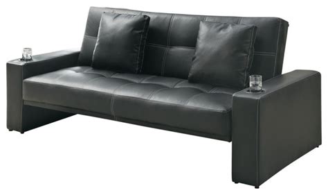 Black Leather-Like Fabric Arm Sofa Bed Futon Sleeper With Two Accent ...