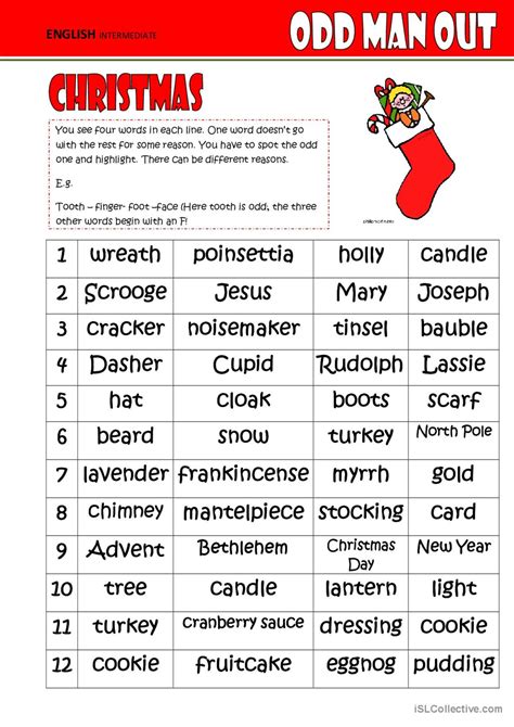 Odd One Out - Christmas warmer, fill…: English ESL worksheets pdf & doc