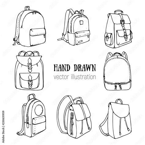 Hand drawn Vector Set of Doodle Backpacks. Cartoon Casual Backpack ...