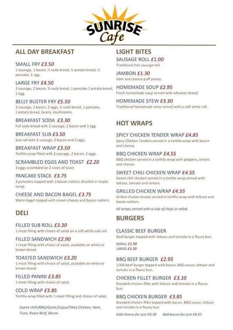 Menu at Sunrise Cafe, Glengormley