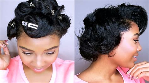 How To Style SHORT Relaxed Hair | PIN CURLS TUTORIAL | Heatless Curls ...