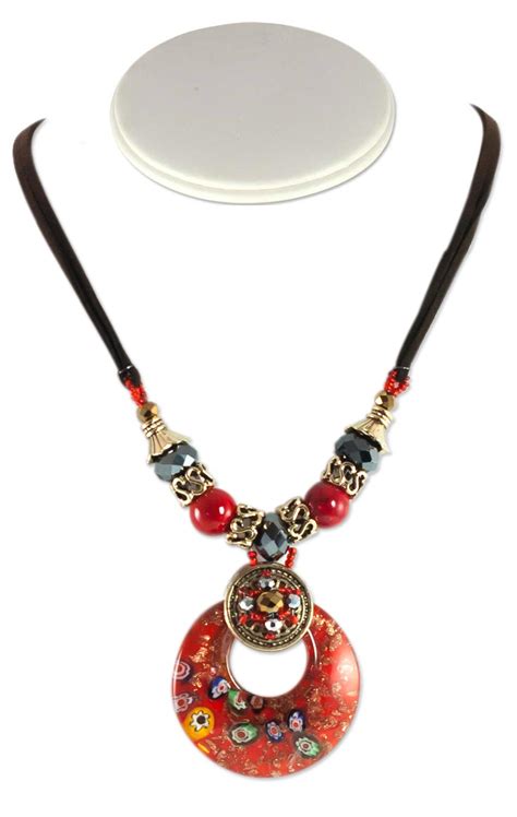 Round Murano Style Glass Pendant Necklace 16" Red (1-Pc)