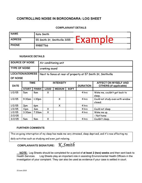 Specimen Log Sheet