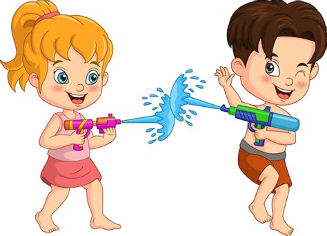 Premium Vector | Cartoon kids playing a water gun