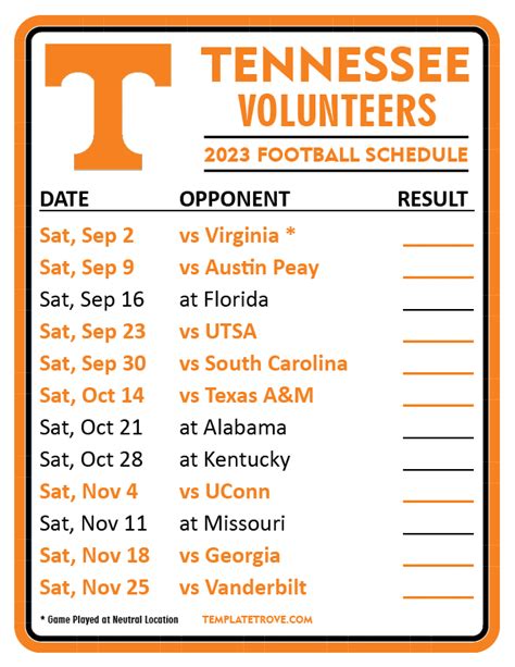 Printable 2023 Tennessee Volunteers Football Schedule