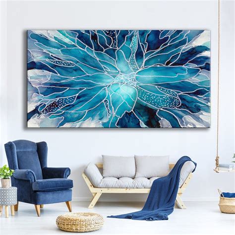 Luxurious Extra Large Framed canvas Wall Art, Abstract Blue Flower