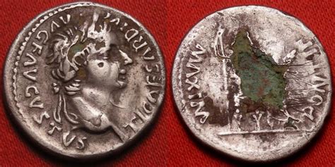 TIBERIUS fouree silver denarius. PONTIF MAXIM, Livia, as Pax, seated right