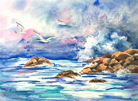 Seascape Watercolor Ocean Waves Rocks Beach Seagull | Etsy | Watercolor ...