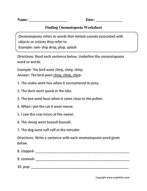 Englishlinx.com | Onomatopoeia Worksheets | Onomatopoeia, Ks3 english ...