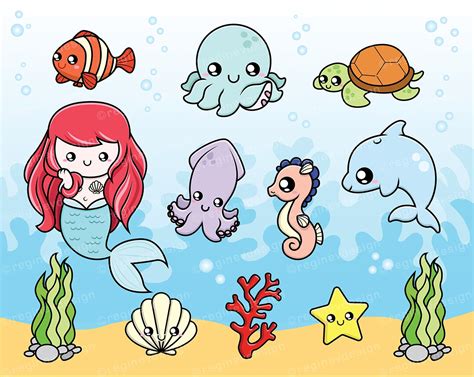 Cute Sea Creatures Clipart, Baby, Octopus, Seahorse, Mermaid, Squid ...