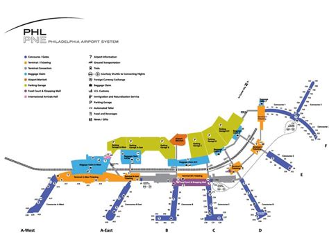 a map of the phl airport with all its terminals and terminal numbers on it