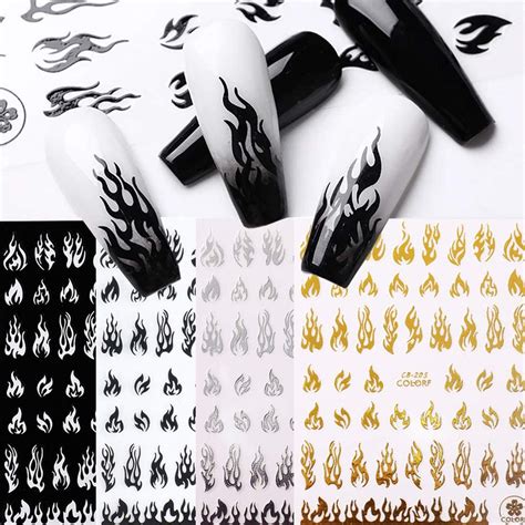 Flame Nail Stickers, 4 Sheets Flame Nail Decals 3D Holographic Fire ...