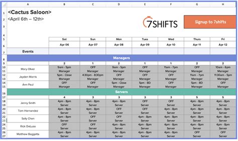 Restaurant Schedule Template Excel