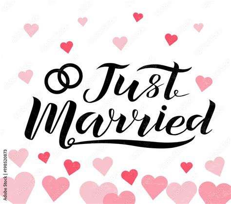 Hand drawn Just married custom lettering text on white background with ...