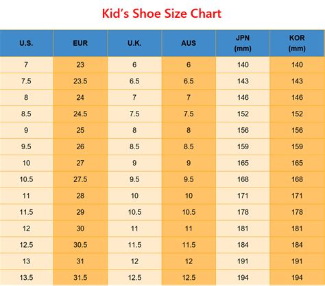 Printable Kids Shoe Size Chart - Us conversions are listed next to a ...