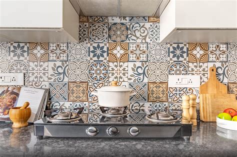 Compact Blue And Brown Kitchen Tile Design | Livspace