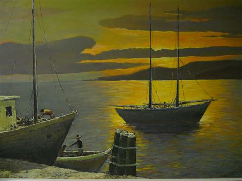 Contemporary, Sunset at the Harbor, Painting on Board, Circa 1960-70 ...