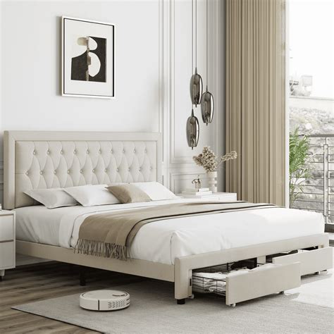 Homfa King Size Bed Frame with 2 Drawers, Tufted Linen Upholstered ...