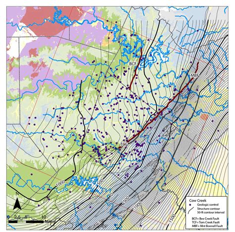 Structure contour map of the top of the Cow Creek Formation. Units are ...