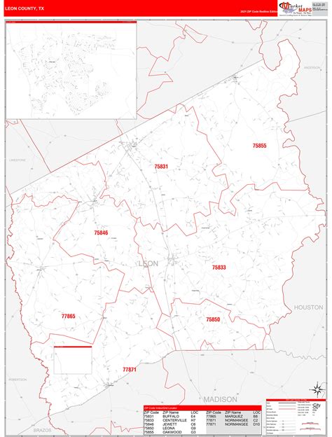 Leon County, TX Zip Code Wall Map Red Line Style by MarketMAPS ...