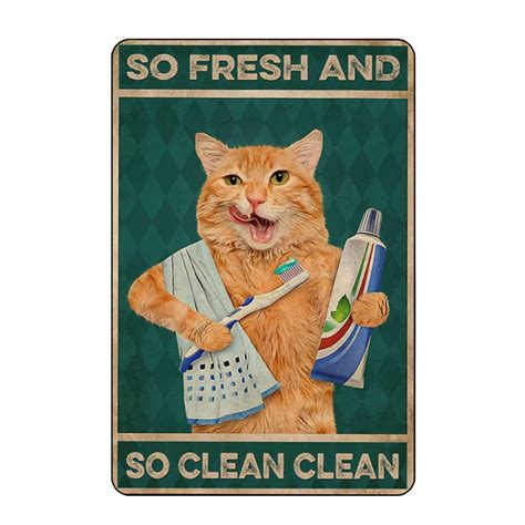 Funny Metal Tin Sign Orange Cat is Brushing Teeth and Washing - Etsy