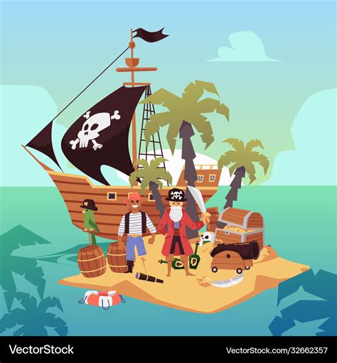 Pirate ship on treasure island - cartoon pirates Vector Image