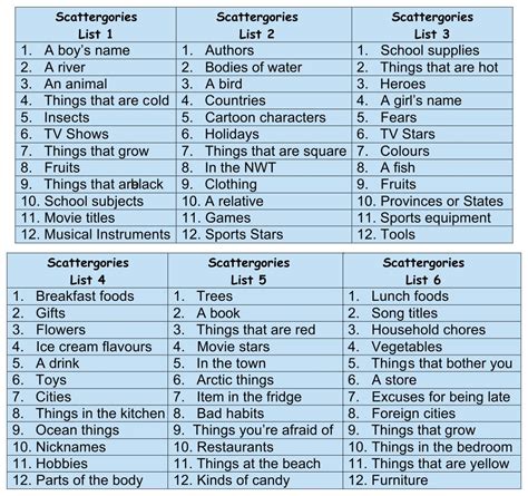 Scattergories Categories List - 10 Free PDF Printables | Printablee