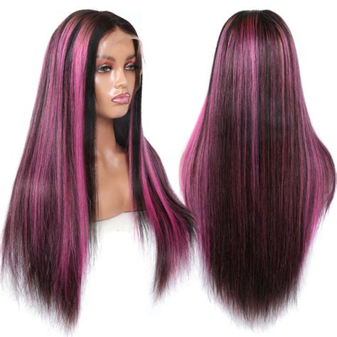 Skunk Stripe Human Virgin Hair Pink Highlights WIth Black Hair Wig With ...