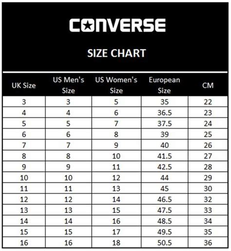 Converse Mens Womens Size Chart