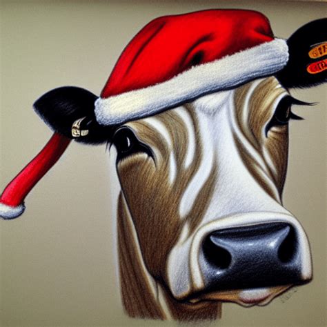 Realistic Drawing of a Cow Wearing a Santa Claus Hat · Creative Fabrica