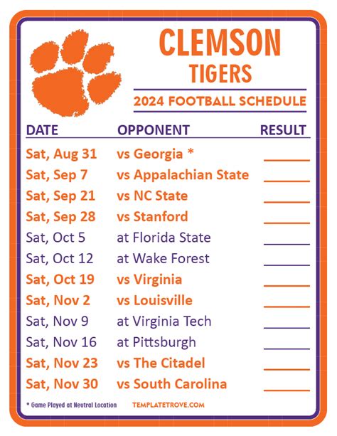 Printable 2024 Clemson Tigers Football Schedule