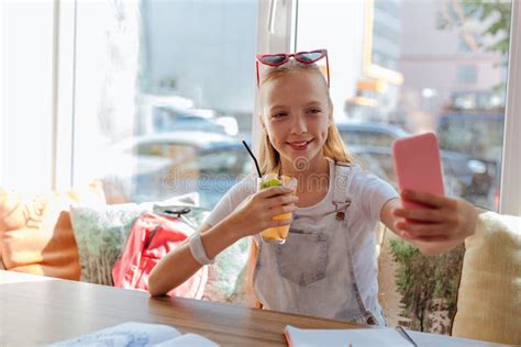 Modern Teenager Smiling while Making Selfie Stock Photo - Image of ...