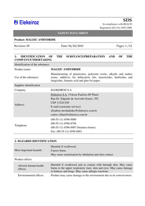 SAFETY DATA SHEET Product: MALEIC ANHYDRIDE