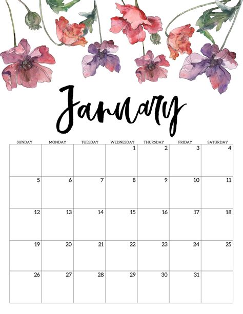 January 2020 Floral Calendar | Print calendar, Free printable calendar ...