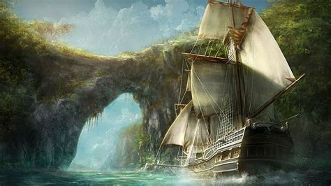 HD wallpaper: Bay, Caribbean, digital art, Old Ship, pirates, rocks ...