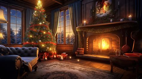 A Cozy Christmas Living Room Illuminated By The Fire And Christmas Tree ...