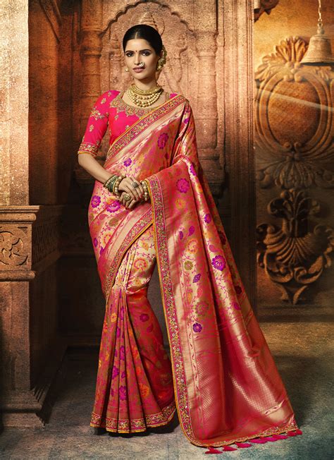 Silk Pink Heavy Embroidered Lace Border Saree with Embroidered Blouse ...