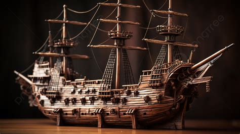 Wooden Model Pirate Ship On A Wooden Table Background, Picture Of ...