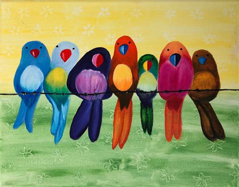 Bird painting, 7 Birds on branch, Colorful nature wall art, Original ...