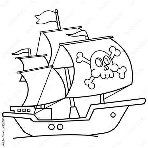 Coloring Page Outline Of Cartoon pirate ship. Sailboat with black sails ...