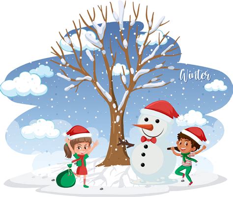 Isolated winter season background with children and snowman 4472904 ...