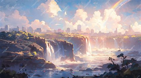 Premium AI Image | painting of a waterfall with a rainbow in the sky ...